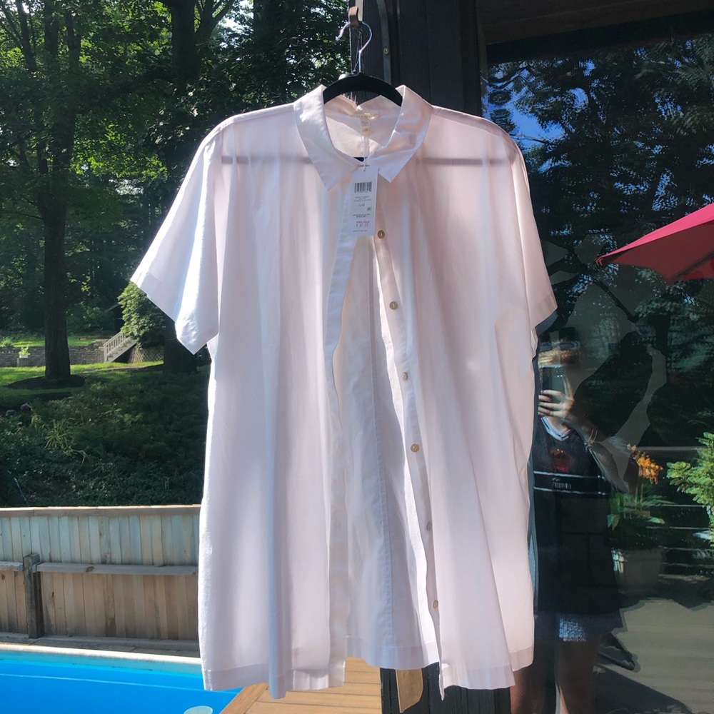 Eileen fisher white button down with shiny silver shimmery buttons